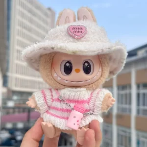 Labubu V1 V2 Party Sweater Outfit – Pink & White Striped Cup Clothing for 17cm Dolls